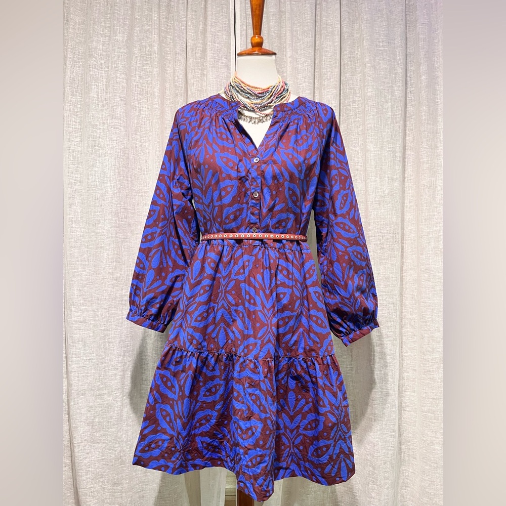 Lilly P Cobalt Motif Tiered Split Neck Dress | Size L | Pockets